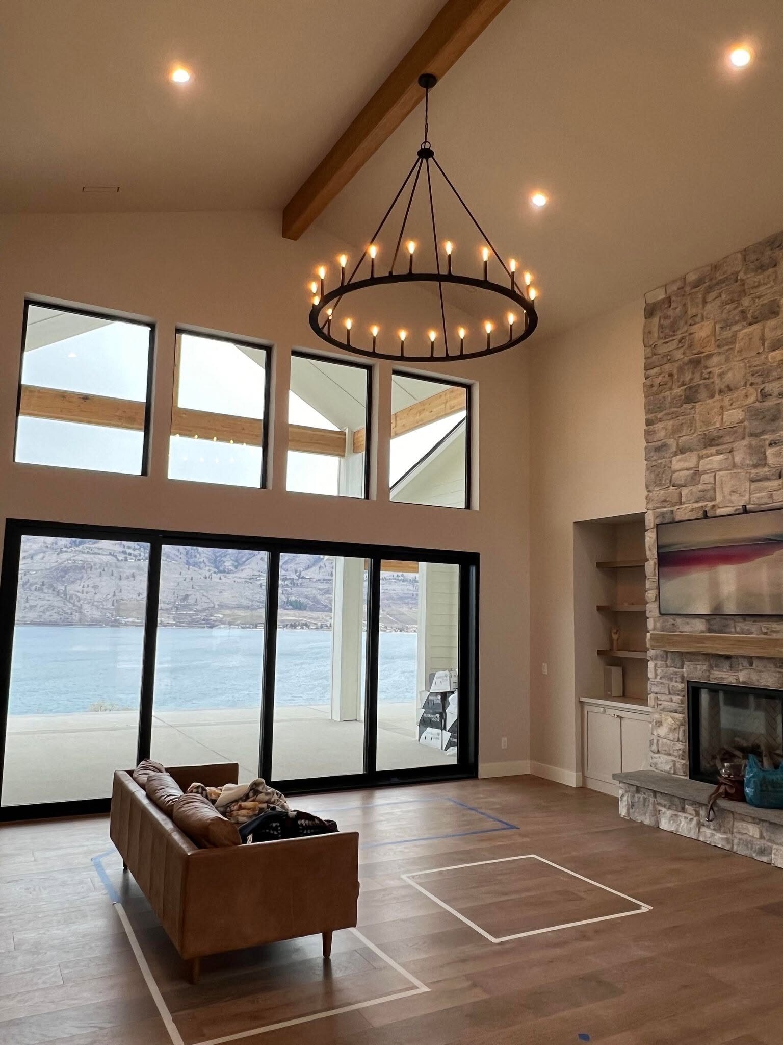 Painted great room with a fireplace